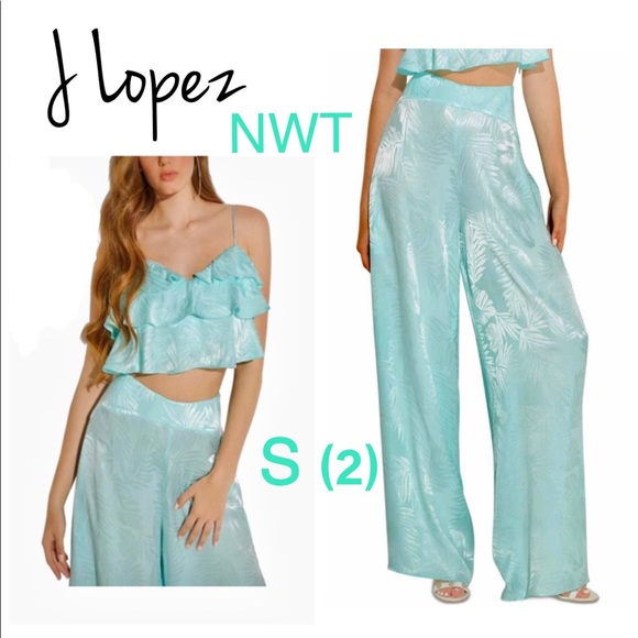 NWT mint luxe pant suit set GUESS Jennifer Lopez palazzo combo crop ruffle bell